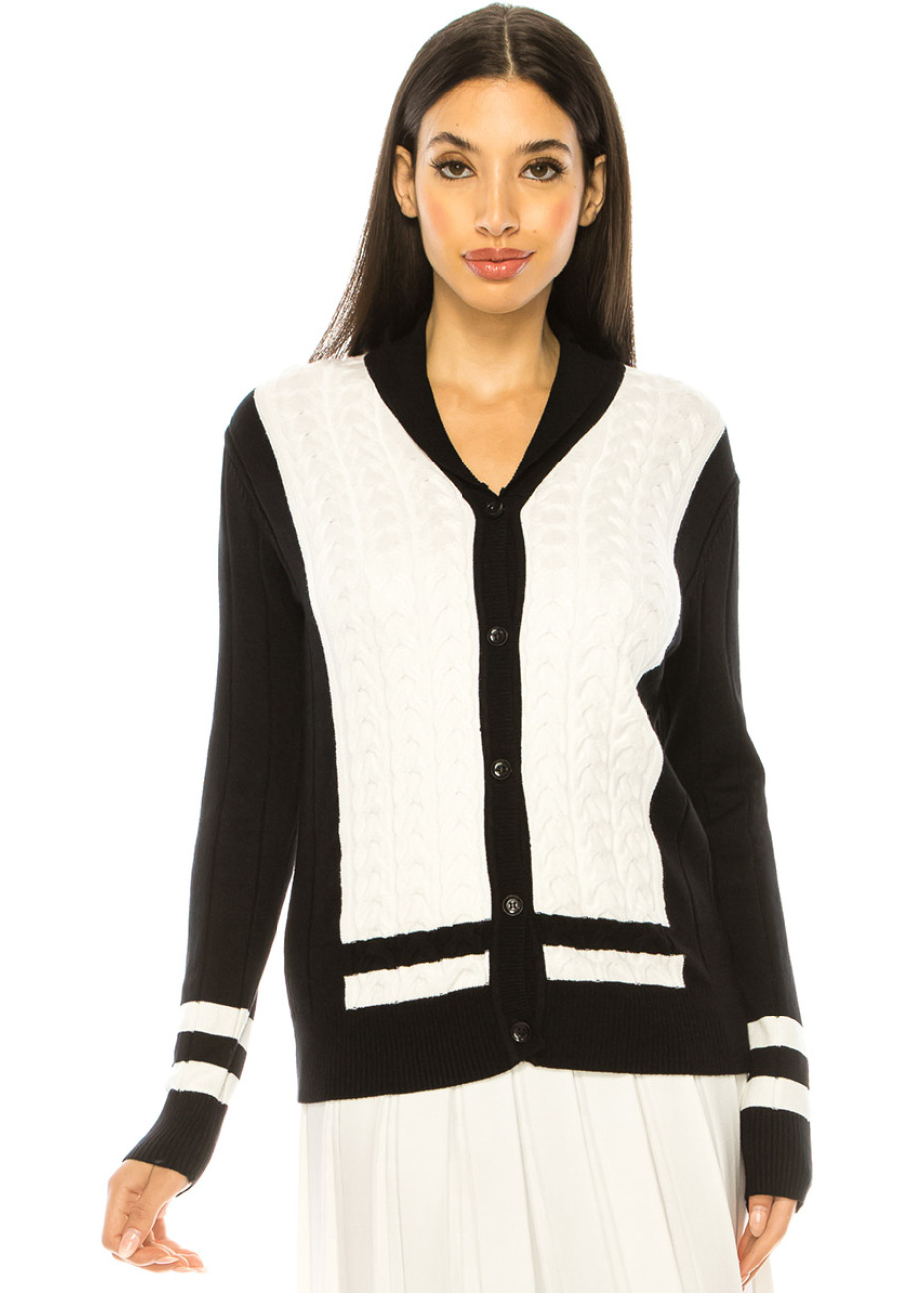 Cable Knit Cardigan In Black White Modest Women Clothing YAL New York